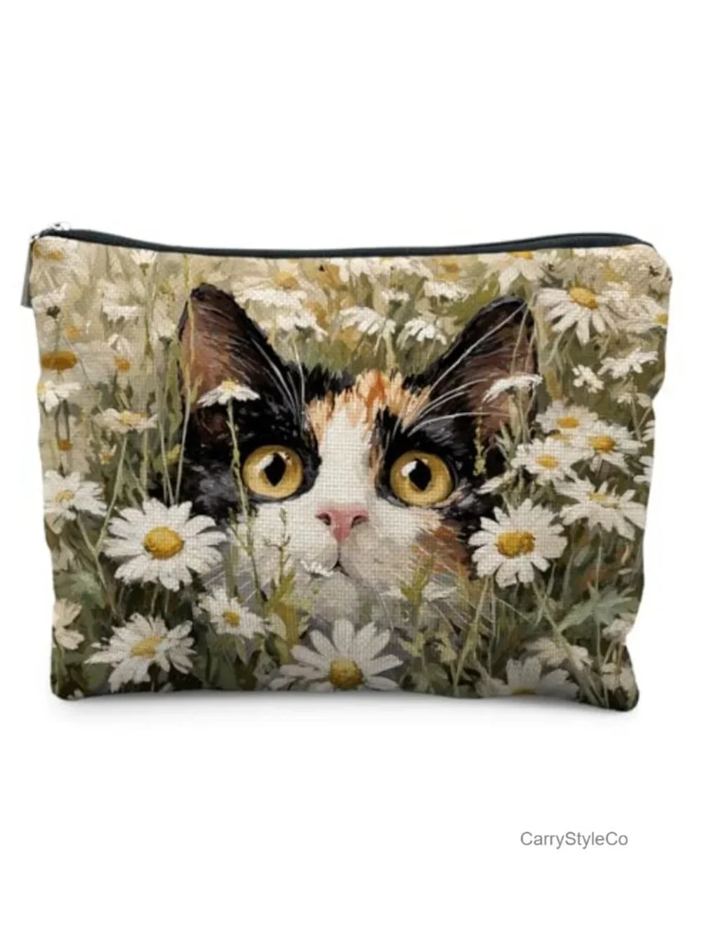 Cat Floral Makeup Bag for Women, Linen Travel Toiletry Pouch Zipper